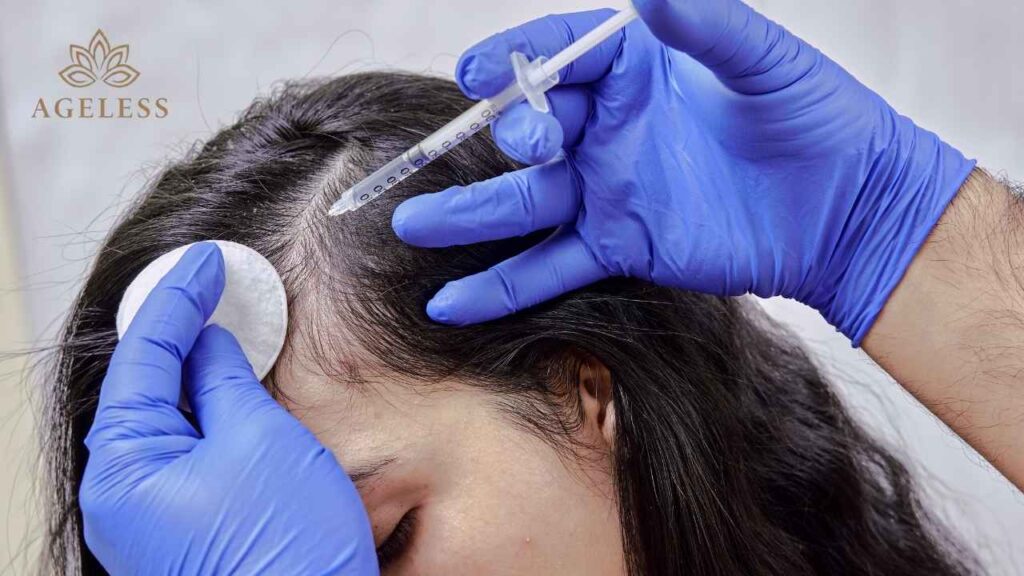 A dermatologist examining a patient's scalp during a consultation
