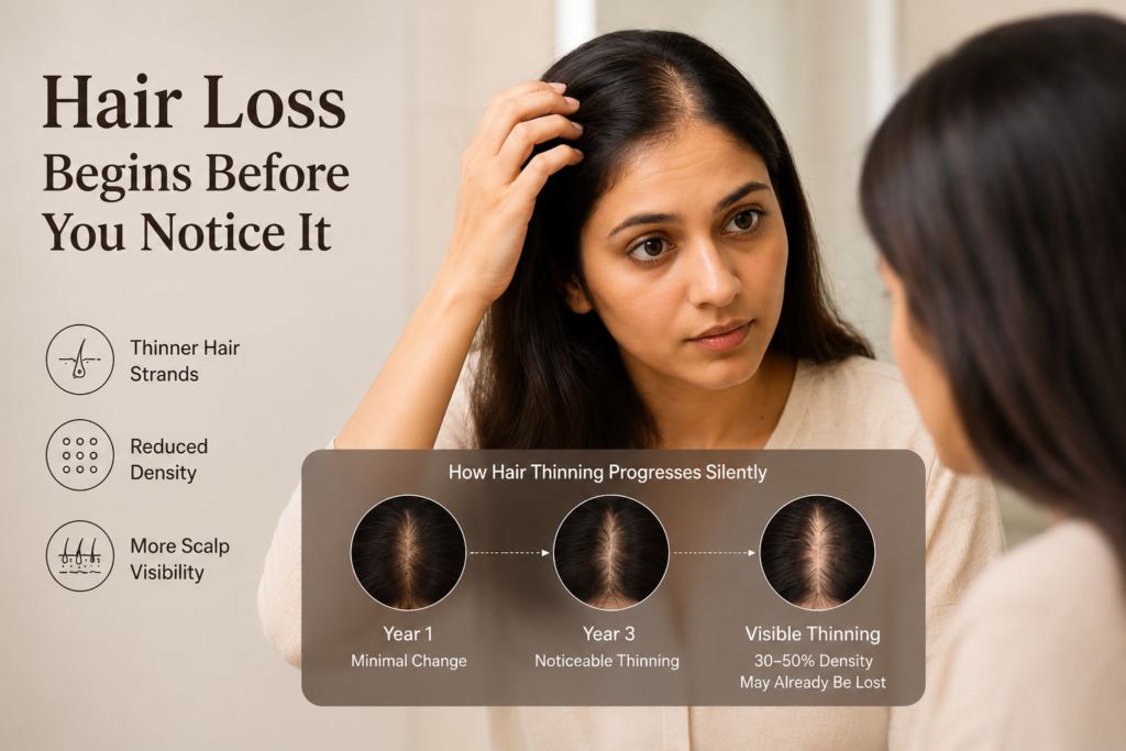 Early signs of hair thinning and follicle miniaturization explained by Ageless Clinic Tirupati