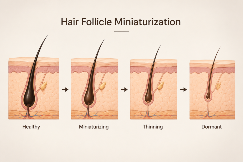 Hair follicle miniaturization stages showing progression of early hair loss and thinning