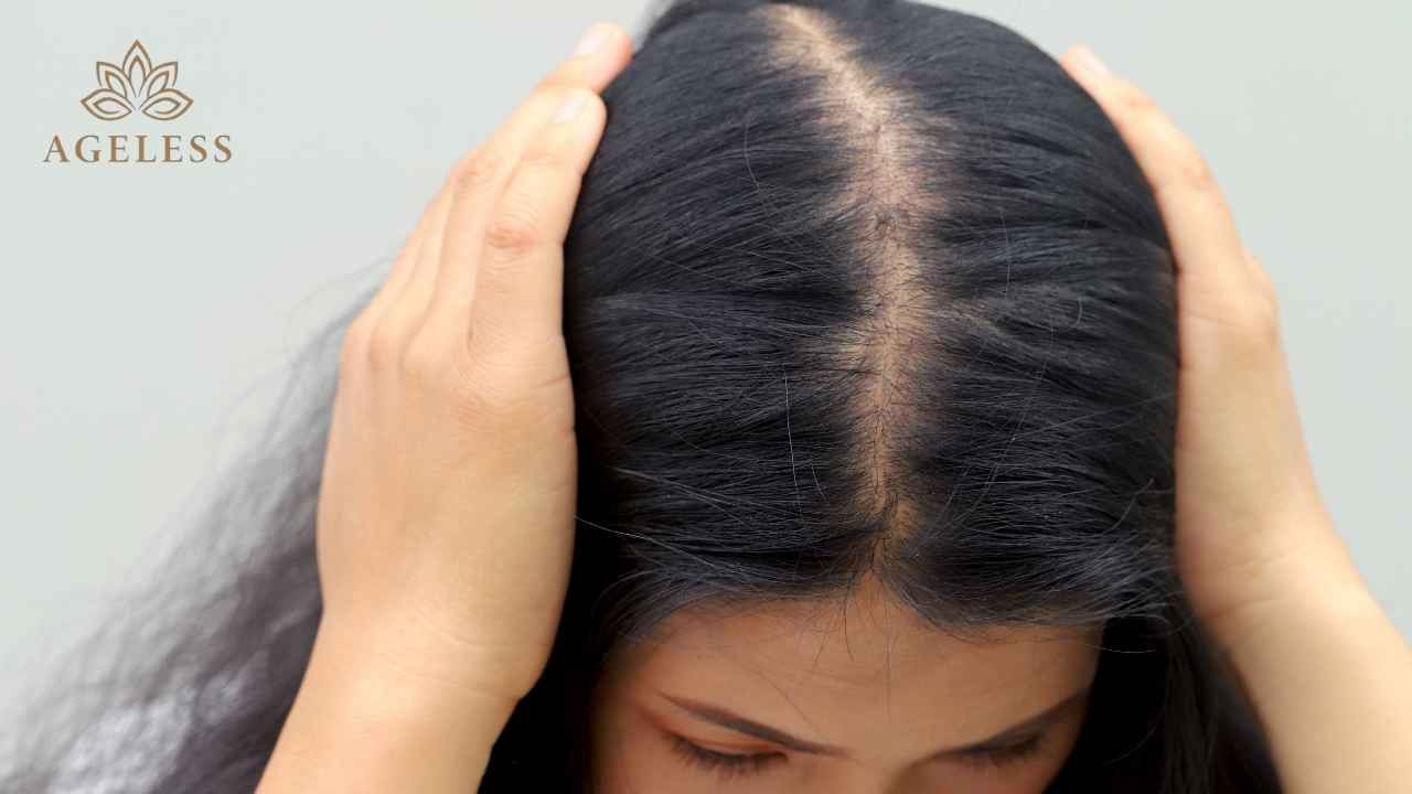 Close-up of a thinning hair part showing visible scalp